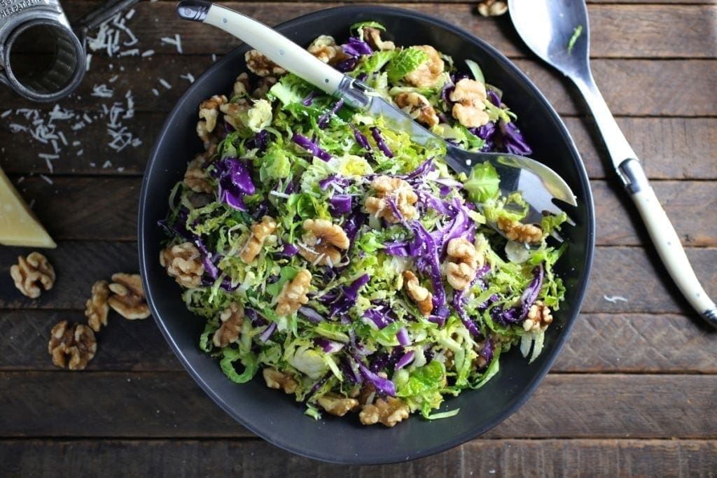 Shredded Brussels Sprout and Red Cabbage Salad with Walnuts and Pecorino