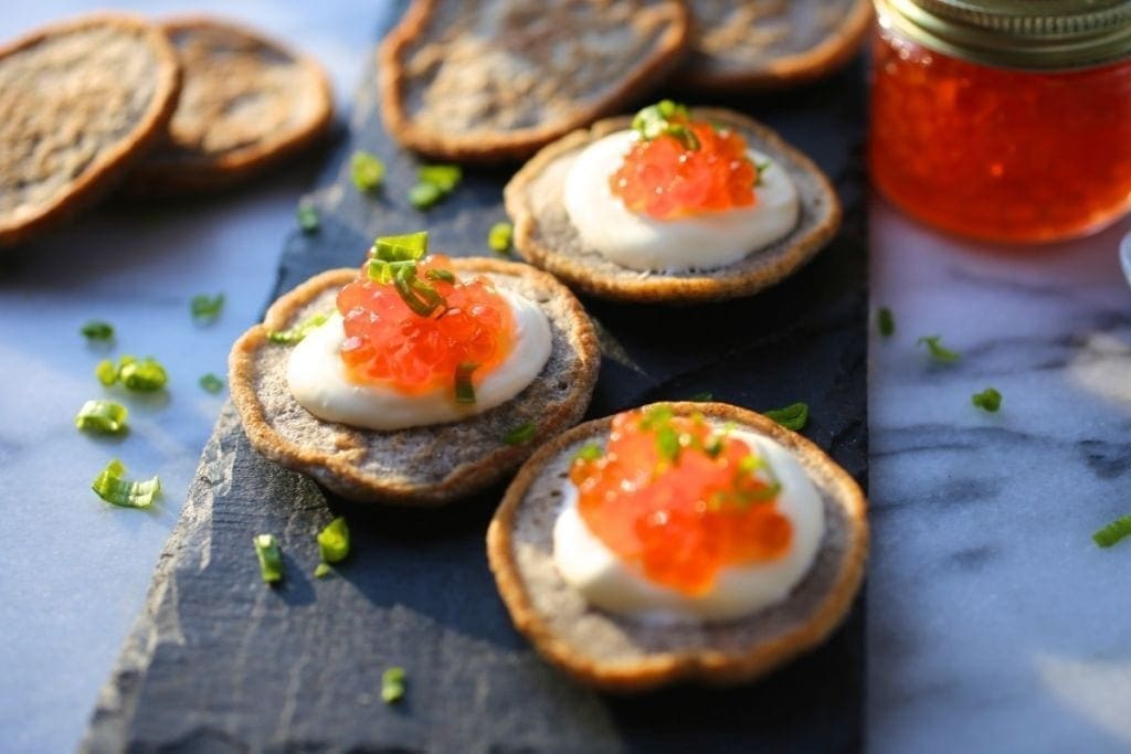 Buckwheat Blinis with Salmon Roe and Crème Fraîche