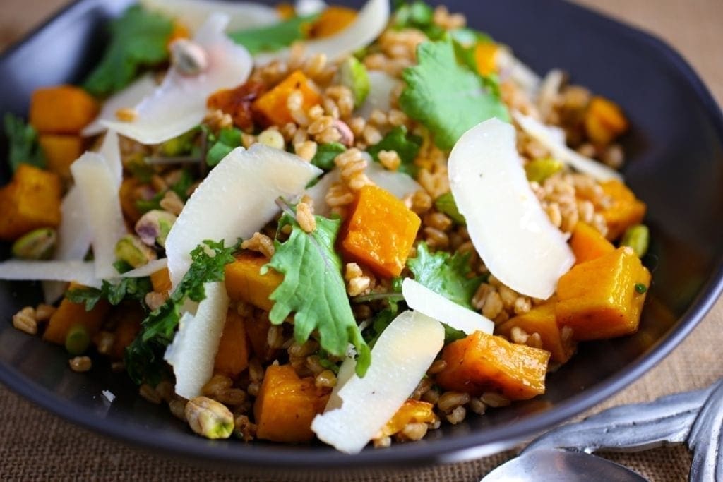 Farro Salad with Butternut Squash, Pistachios and Parmesan