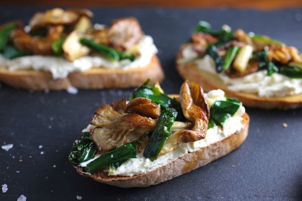 Brown Butter Ramps and Oyster Mushrooms on Ricotta Crostini