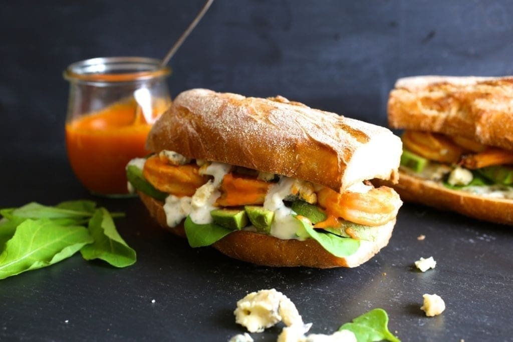 Grilled Buffalo Shrimp and Avocado Sandwiches with Blue Cheese Sauce
