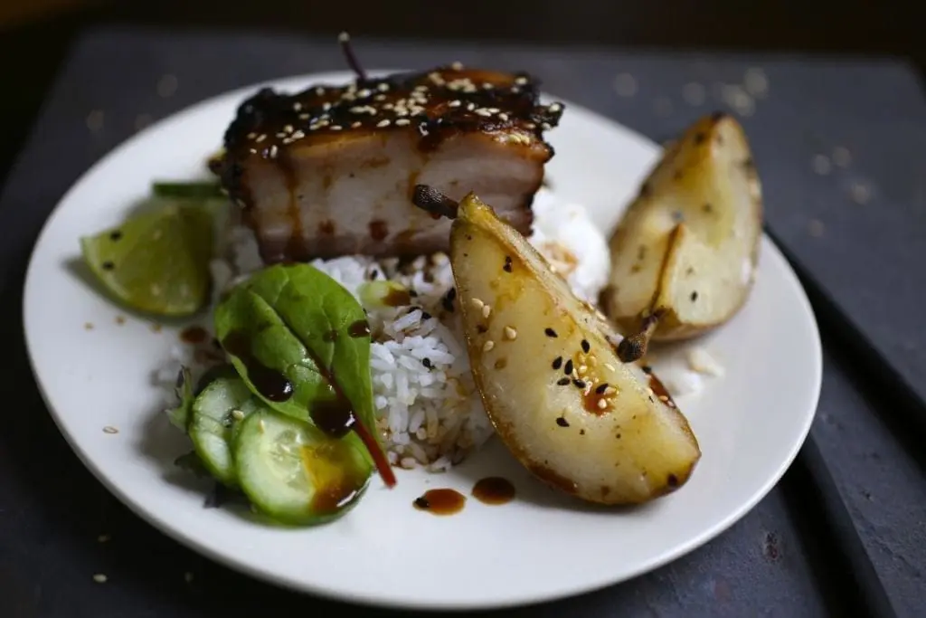 Crispy Pork Belly with Sesame Roasted Pears