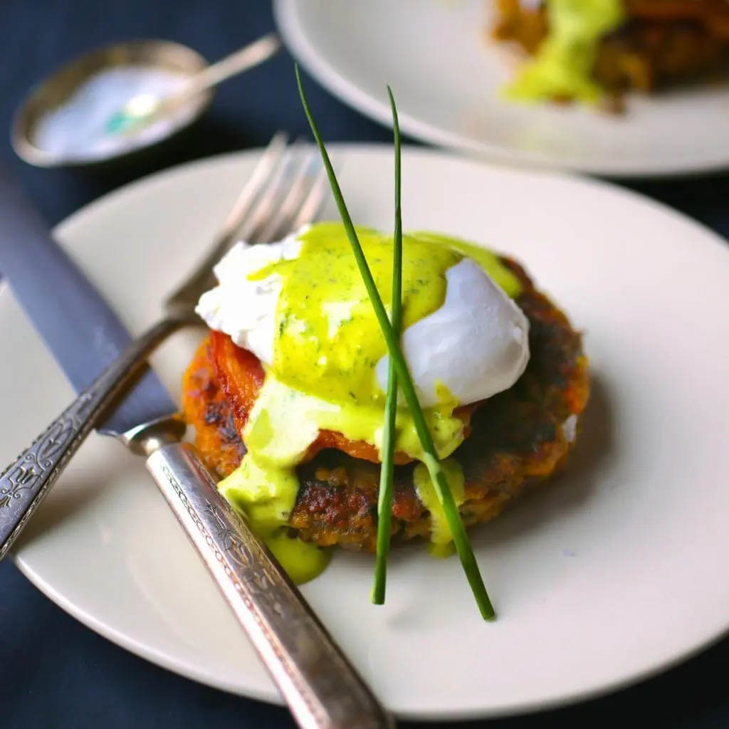 Stuffing Cake Benedict with Chive Hollandaise