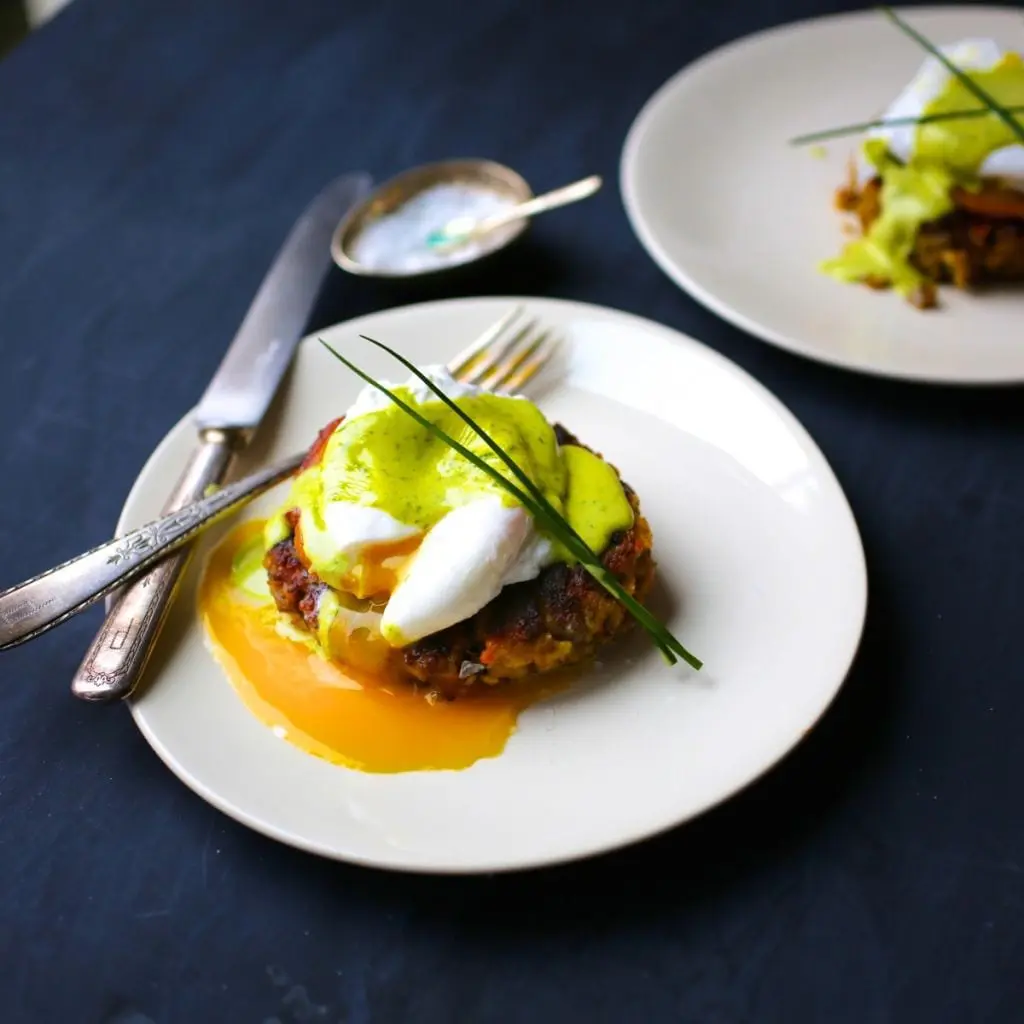 Stuffing Cakes with Poached Eggs and Chive Hollandaise