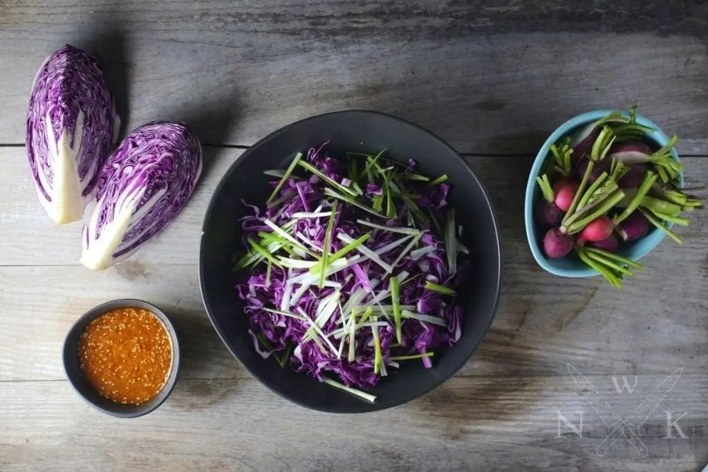 Red Cabbage Salad with Spicy Miso-Ginger Dressing