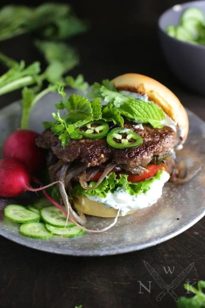 Xi’an-style Smashed Cumin Lamb Burgers with Creamy Herb Sauce