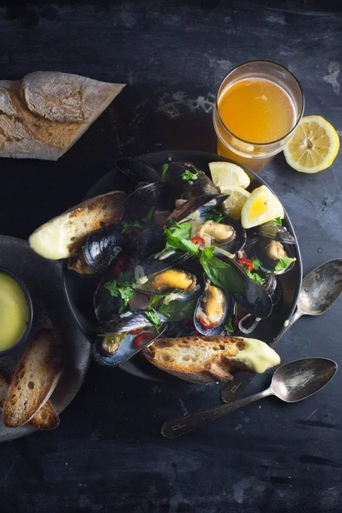 Steamed Mussels With Wheat Beer and Basil (and Garlicky Aïoli Toasts)