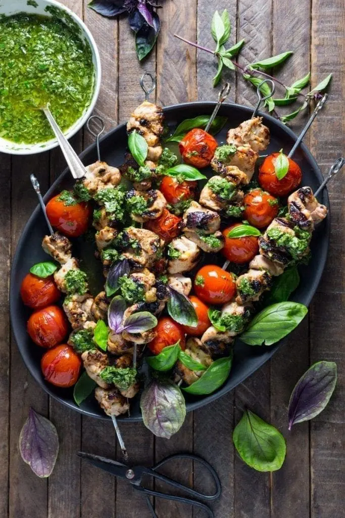 Lemon-Garlic Tomato and Chicken Skewers with Basil Chimichurri