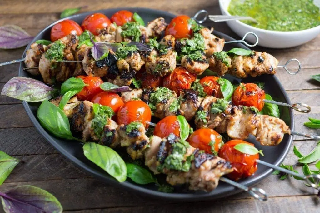 Lemon-Garlic Chicken and Tomato Kebabs with Basil Chimichurri