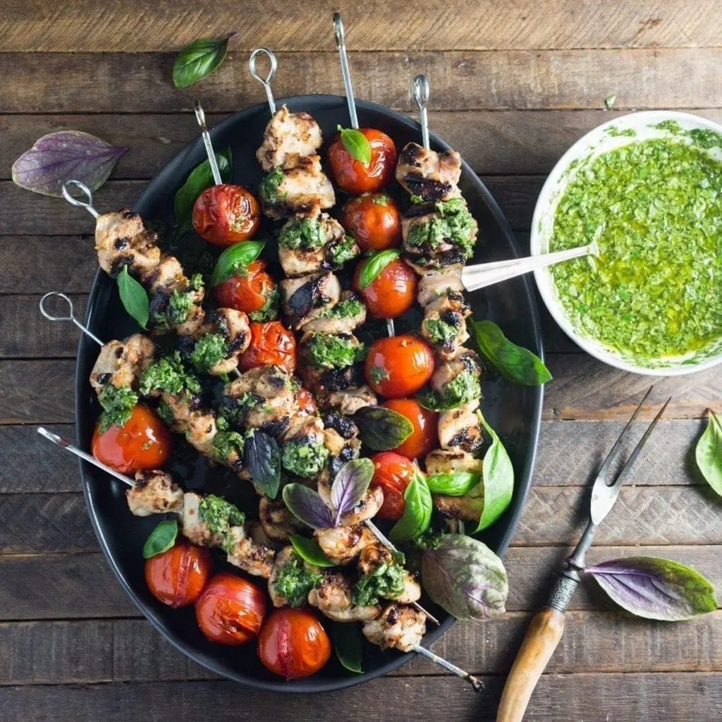 Lemon-Garlic Chicken and Tomato Kebabs with Basil Chimichurri