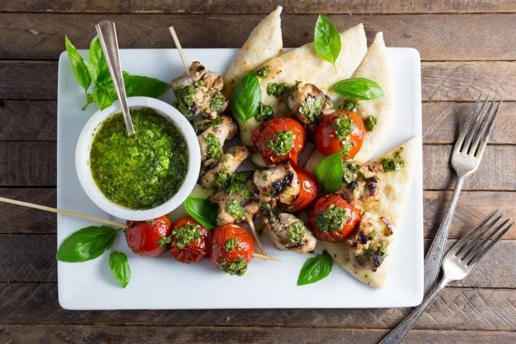 Lemon-Garlic Chicken and Tomato Kebabs with Basil Chimichurri