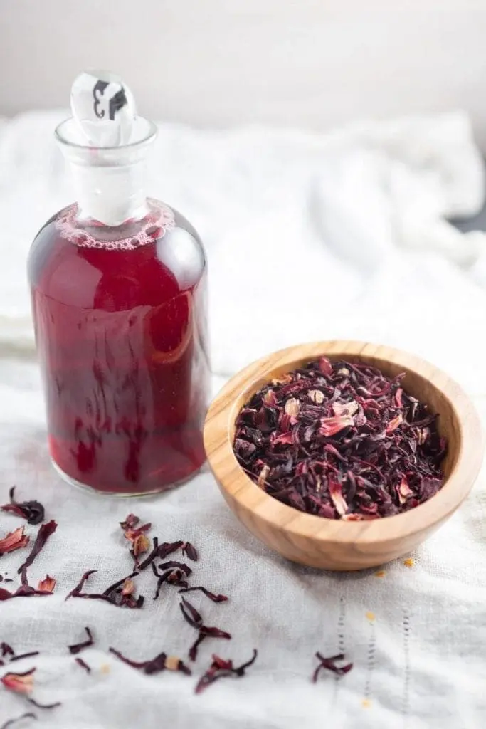 Dried hibiscus flowers and hibiscus syrup