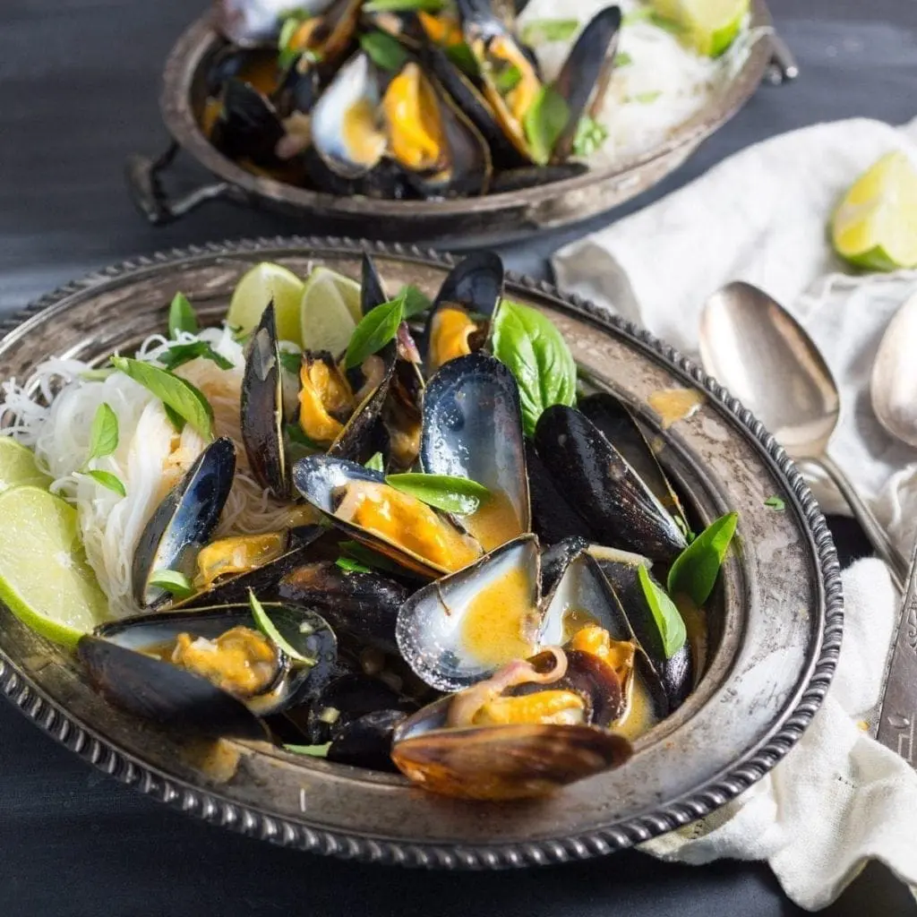 One-Pot Thai Curry Mussels with Rice Noodles