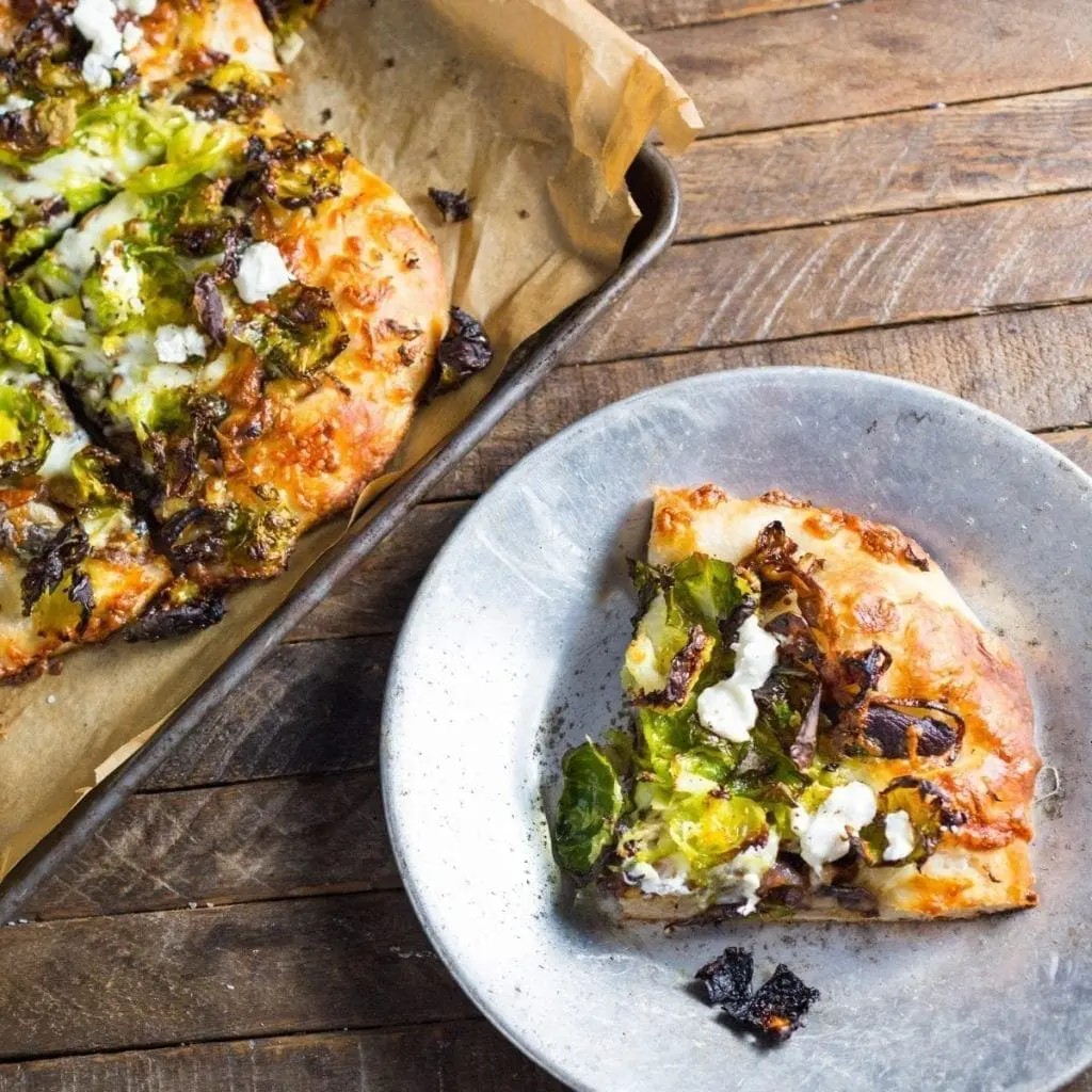 Brussels Sprout Pizza with Balsamic Caramelized Onions and Goat Cheese