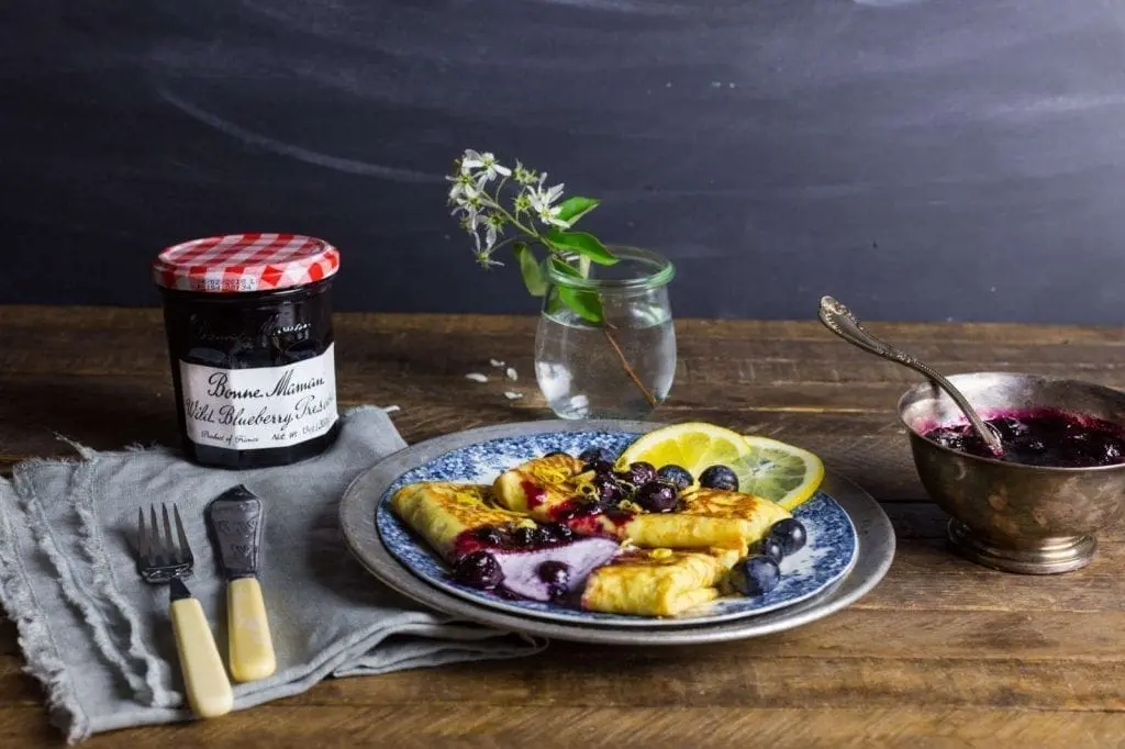 Cheese and Blueberry Blintzes with Blueberry Preserves Syrup