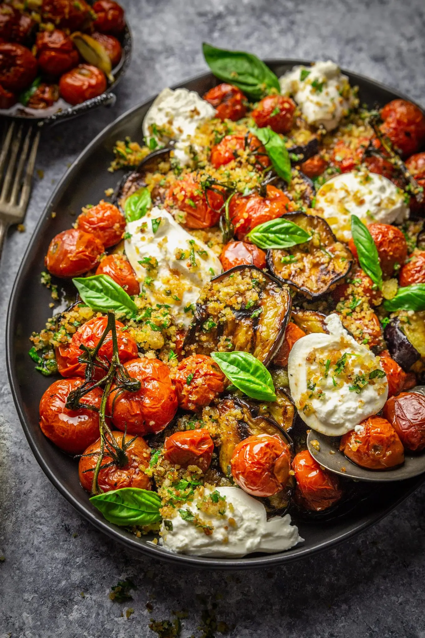 A Light, Grilled Eggplant Parmesan with Roasted Tomatoes and Burrata