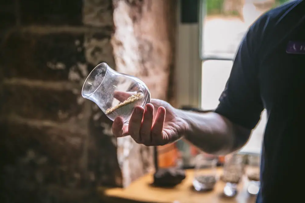 A man holding a glass of barley grains