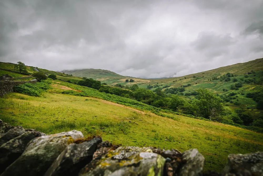 Rolling fields and a stone wall