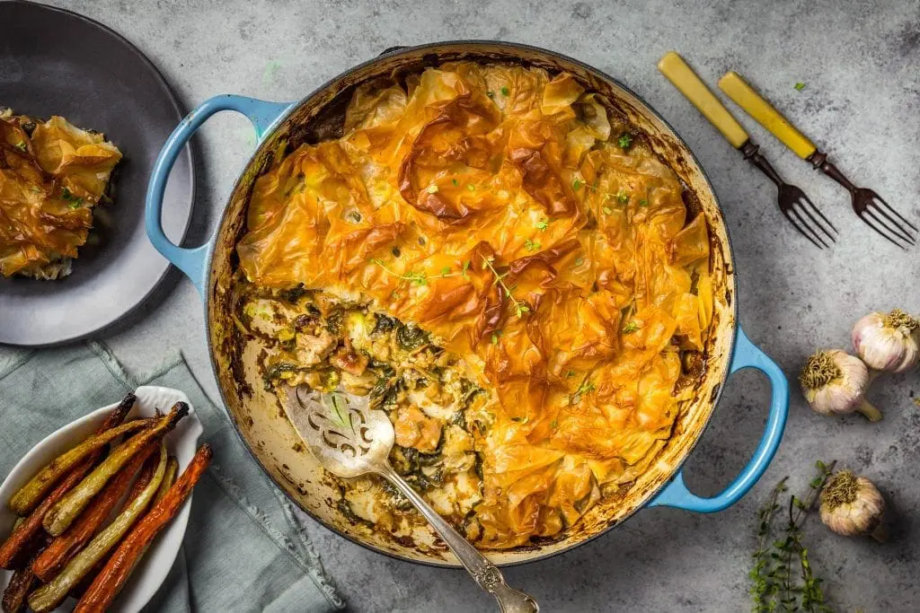 Philo pastry-topped stew in a pan