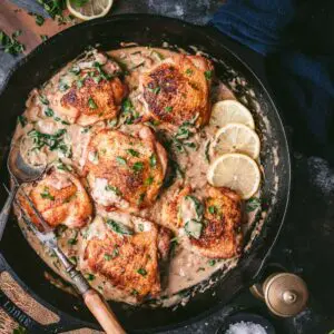 Crispy Chicken Thighs with Creamy Black Garlic Sauce