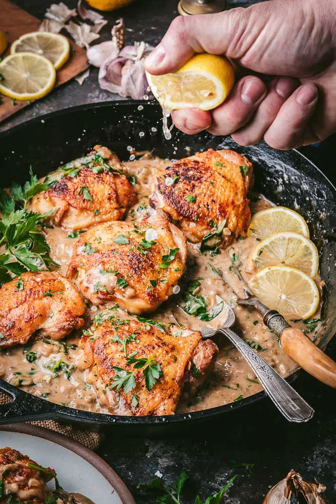 Crispy Chicken Thighs with Creamy Black Garlic Sauce