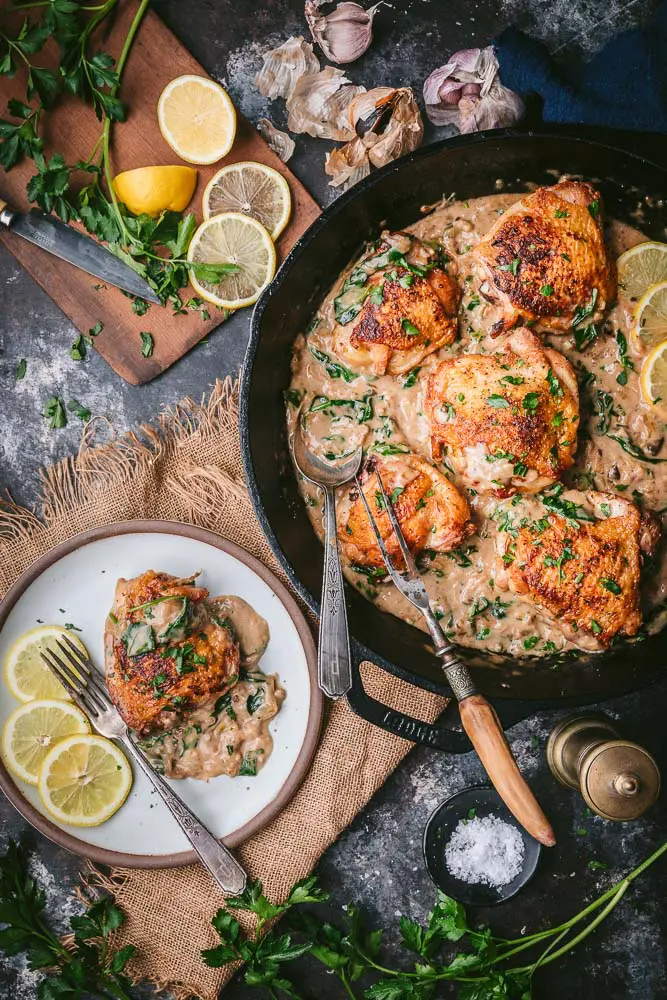 Crispy Chicken Thighs with Creamy Black Garlic Sauce