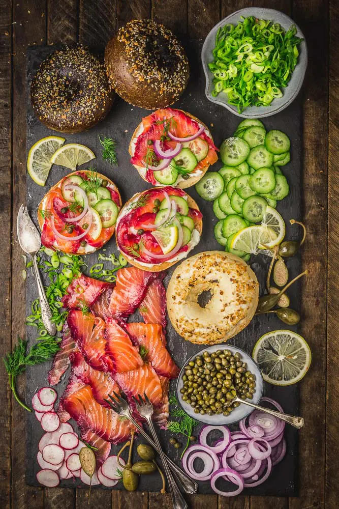 Beet and Gin Cured Salmon Bagel Platter