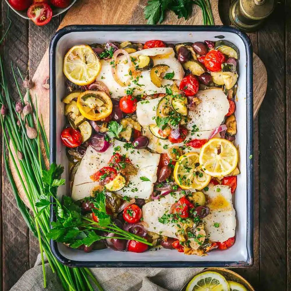 Roasted Hake with Tomatoes and Zucchini