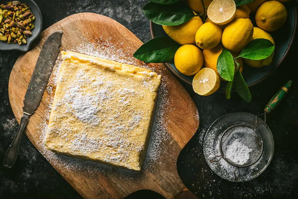 Lemon custard cake, uncut