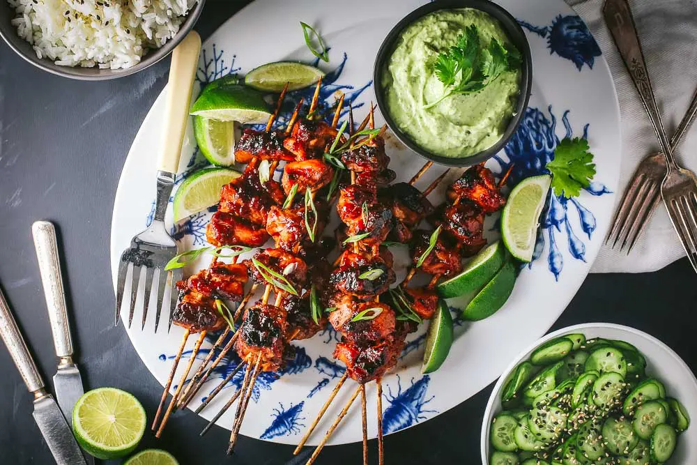 Asian Chicken Skewers with Creamy Avocado-Cilantro Sauce