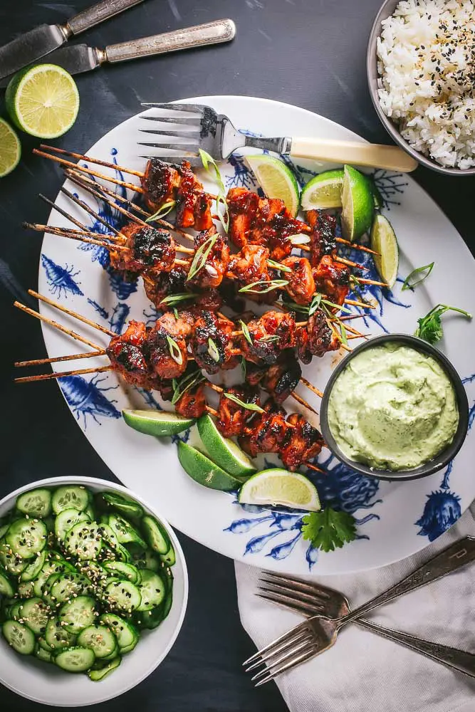 Asian Chicken Skewers with Creamy Avocado-Cilantro Sauce