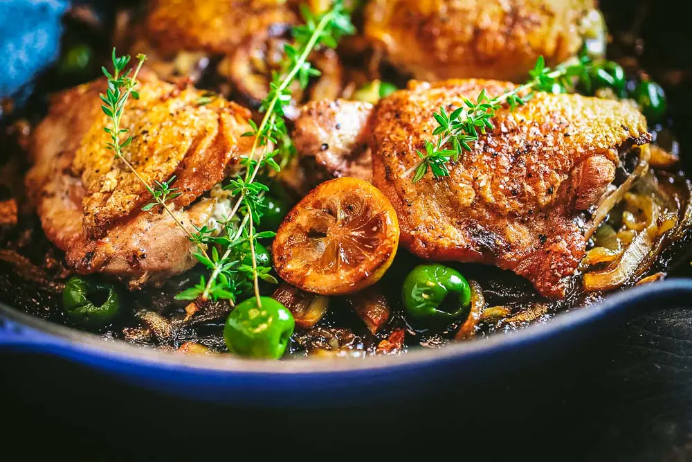 Braised Chicken Thighs with Lemon, Garlic and Olives