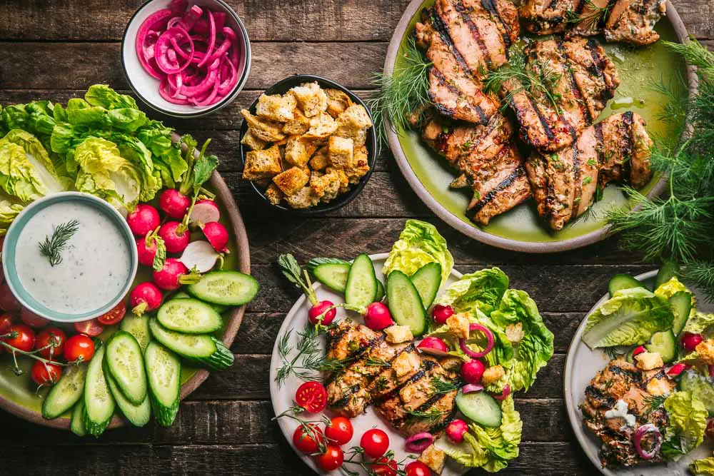 Ranch-marinated chicken, salad and ranch dressing