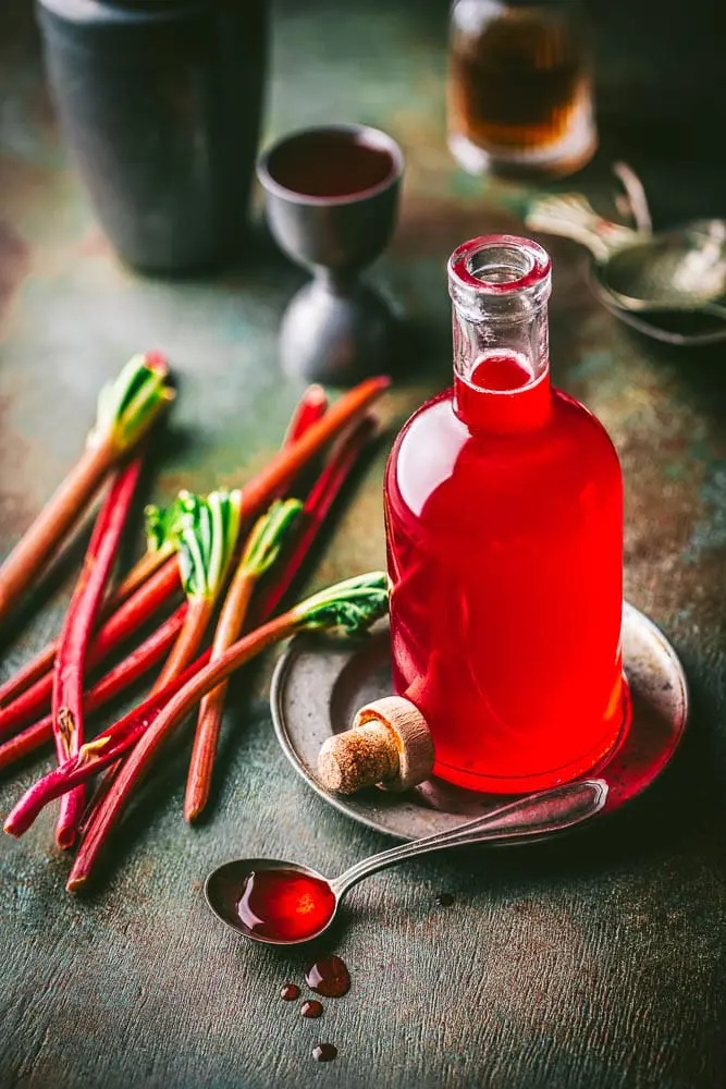 Bottle of homemade Rhubarb Syrup