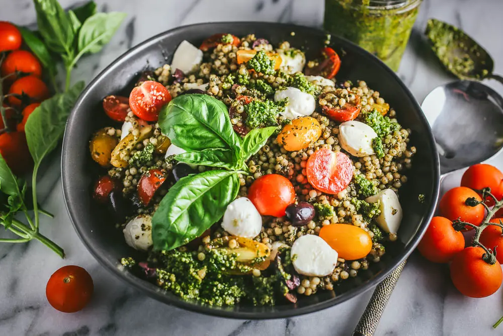 Pesto Couscous Salad with Mozzarella and Tomatoes