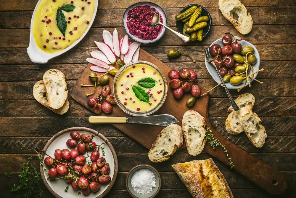 Pate Spread with Roasted Grapes and Radishes Horizontal