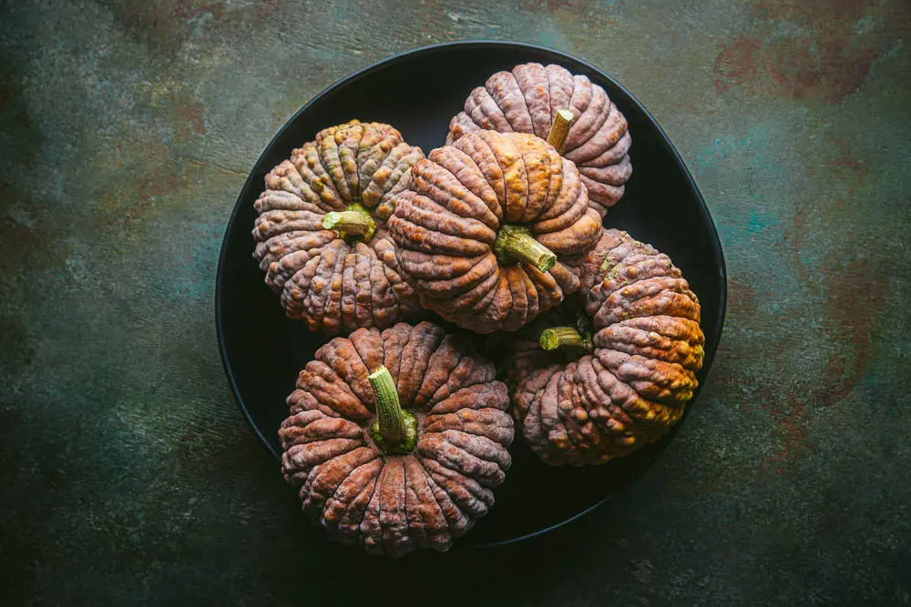 Pumpkins in black bowl_blue BG