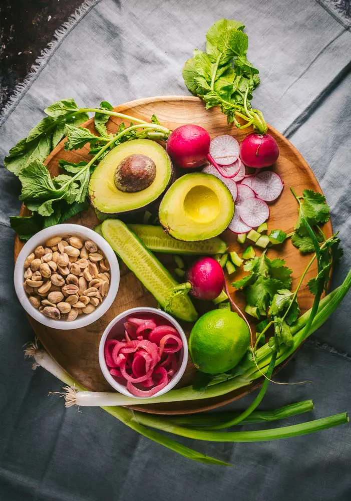 Avocado, radishes, peanuts