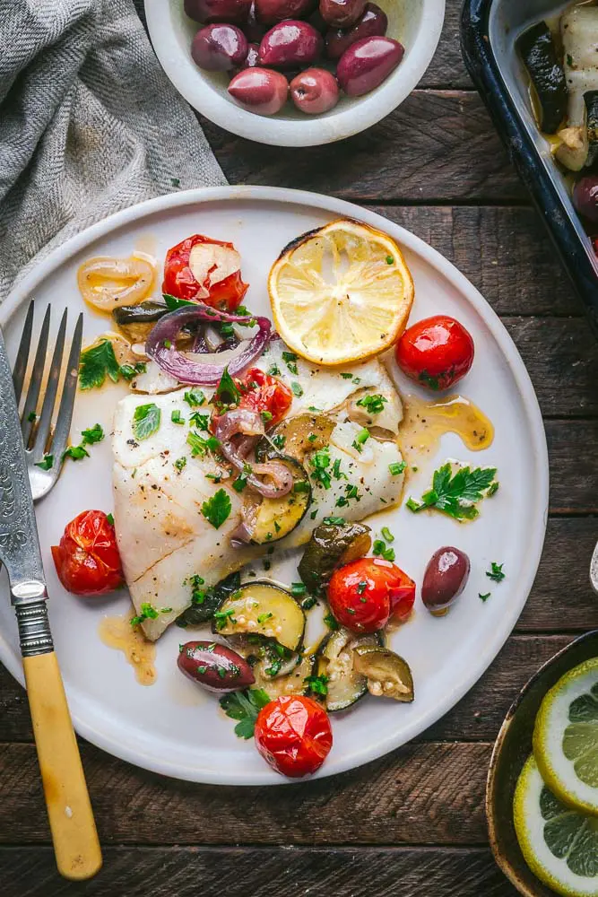 Roasted Hake with Tomatoes and Zucchini