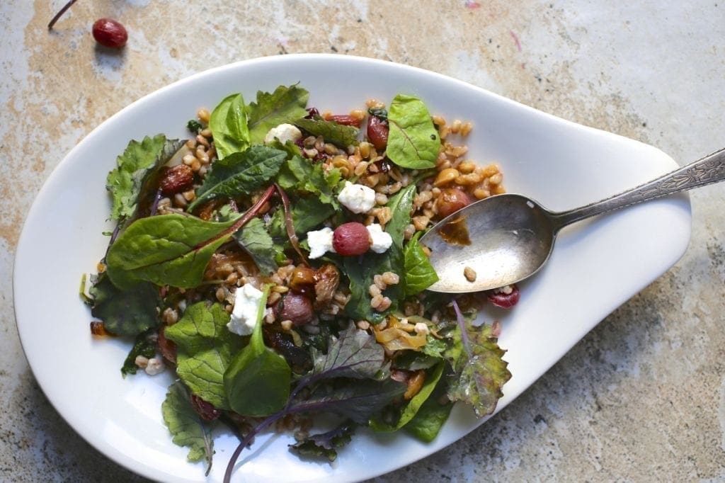 Farro Salad with Roasted Grapes and Baby Kale
