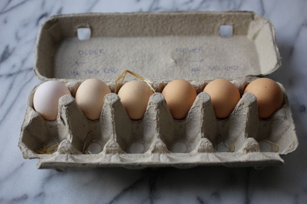 An egg carton containing eggs of many brown hues