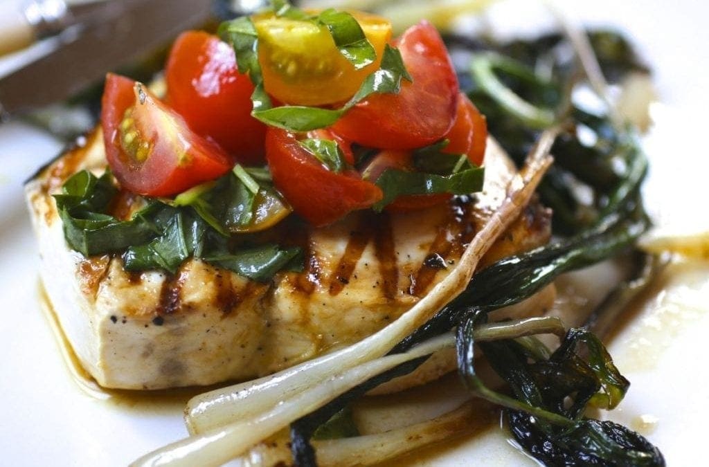 Grilled Swordfish, Fresh Tomato Relish and Sautéed Ramps