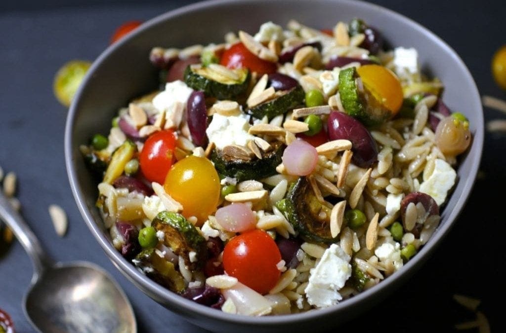 Orzo Salad with Zucchini, Tomatoes, Olives and Feta