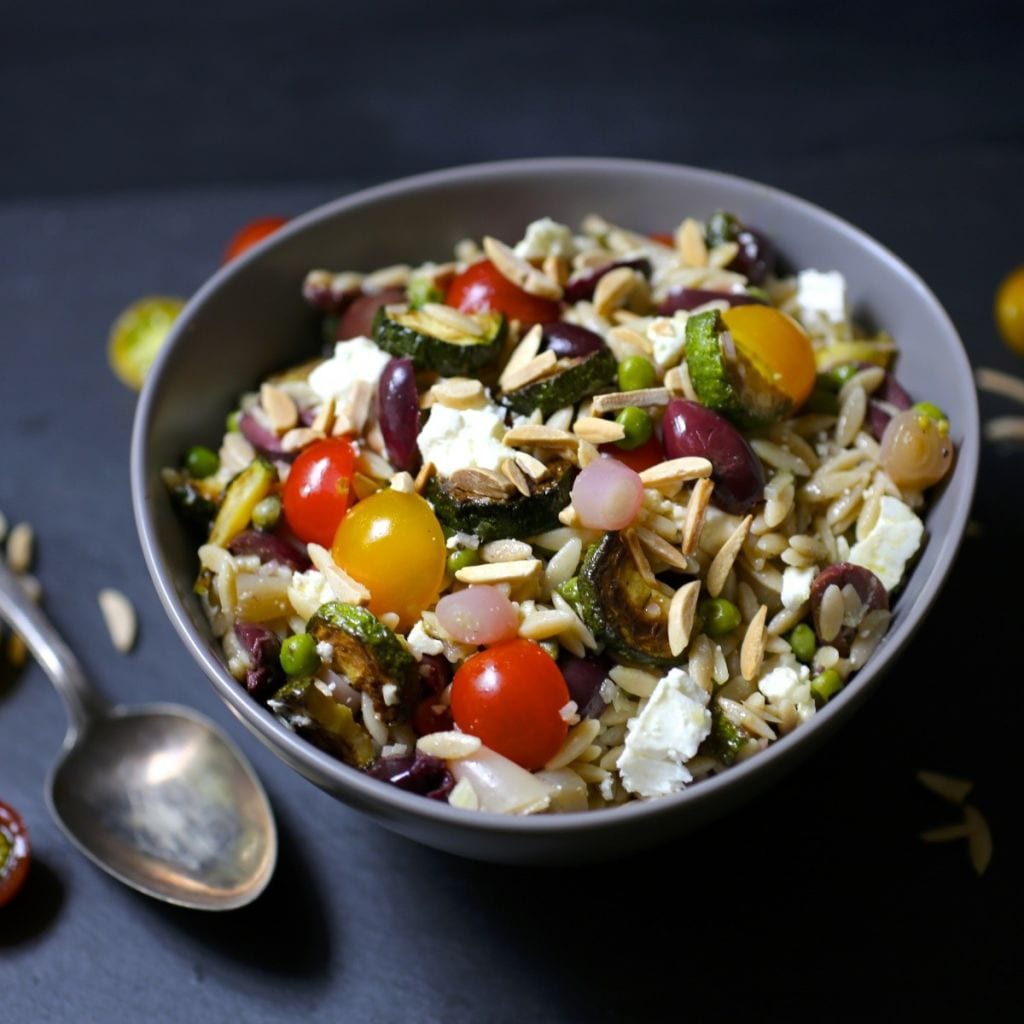 Orzo Salad with Zucchini, Tomatoes, Olives and Feta