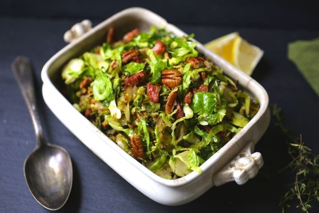 Shredded Brussels Sprouts with Bacon and Pecans