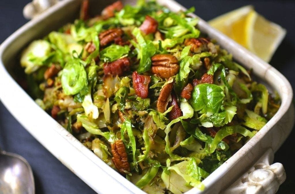 Shredded Brussels Sprouts with Bacon and Pecans