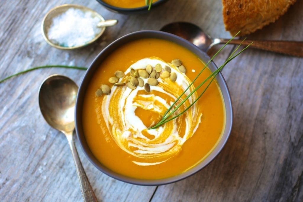 Curried Butternut Squash and Apple Soup with Maple Cream