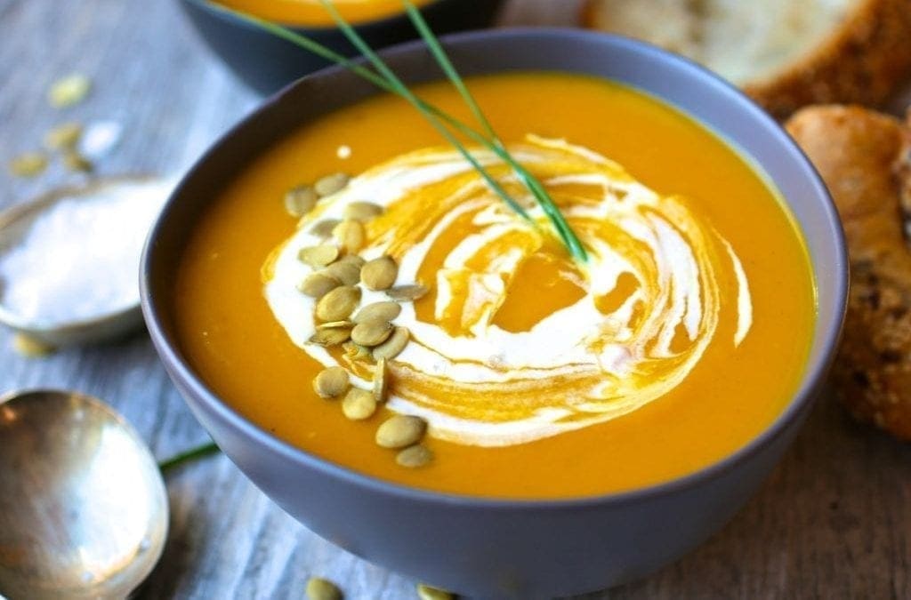 Curried Butternut Squash and Apple Soup with Maple Cream