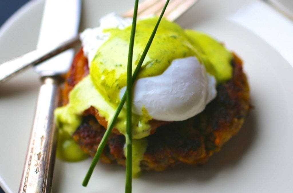 Stuffing Cakes with Poached Eggs and Chive Hollandaise