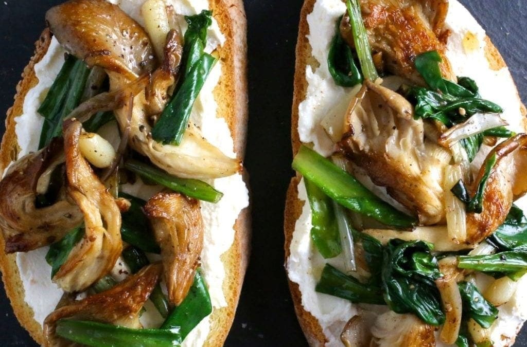 Brown Butter Ramps and Oyster Mushrooms on Ricotta Crostini